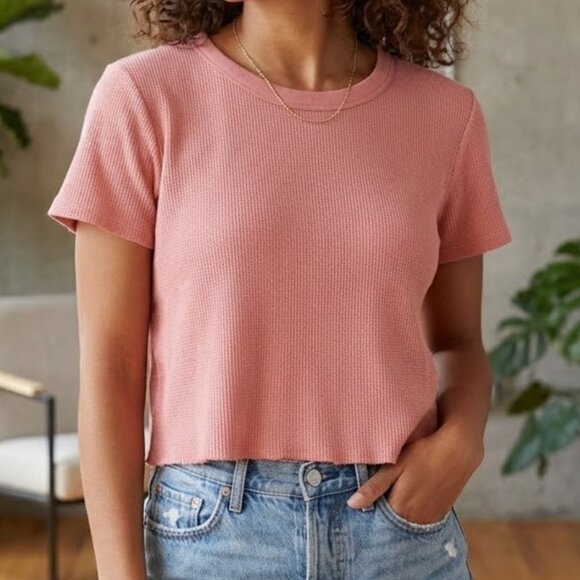Everlane Tops - Everlane Waffle Knit Tee Size M Dusty Rose Short Sleeve Scalloped Hem Top